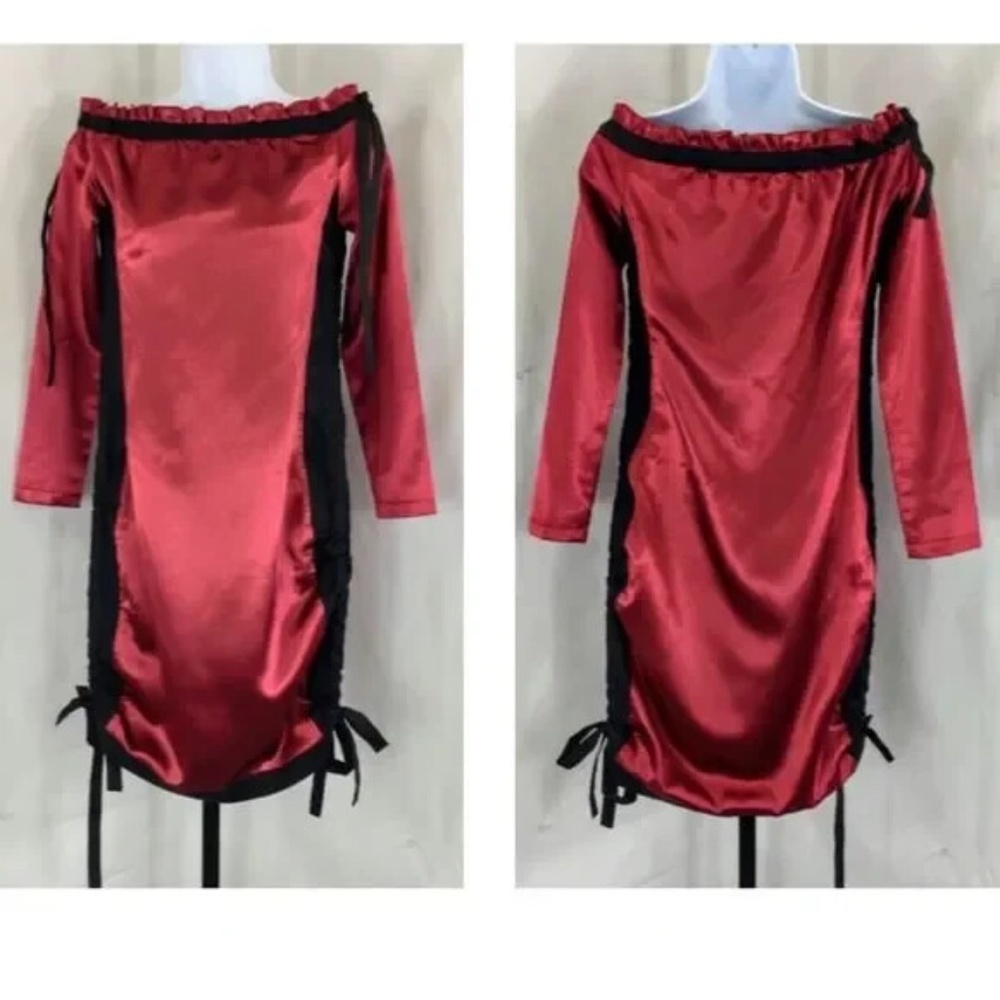 Vivienne Hu Off The Shoulder Dress Red Satin Sheath Long Sleeve Mini Dress Sz 2
